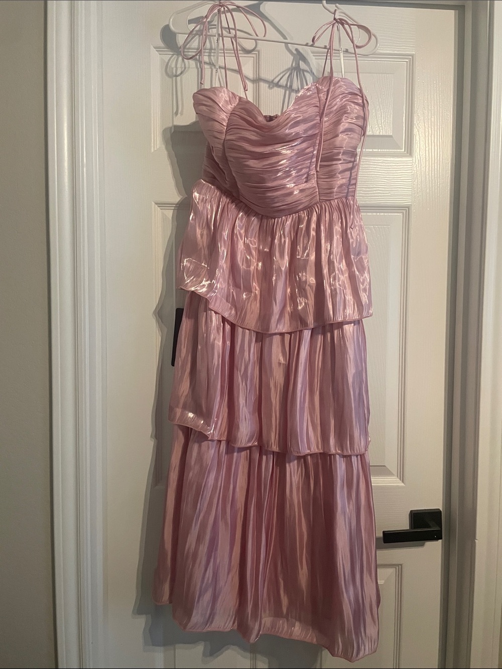 Lulus Tennon Light Pink Plisse Tiered Midi Dress - Size M - Picture 2 of 3